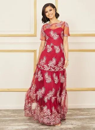 Embroidered Mesh Insert A-Line Maxi Dress 