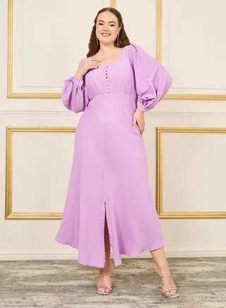 Plus Bishop Sleeves Front Slit Maxi Dress 
