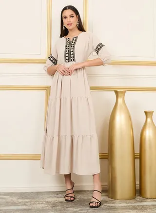 Embroidered 3/4 Sleeves Tiered Maxi Dress 