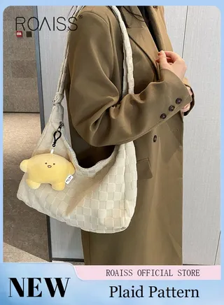 Women's Large Capacity Commuter Bag Canvas Bag Tote Bag Simple Plaid Solid Color 