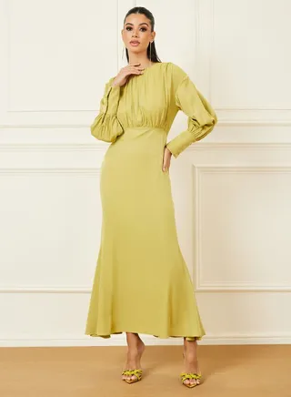 Gathered Detail Cuff Sleeves A-Line Maxi Dress