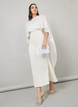 Embellished Cape Layer Satin Bodycon Maxi Dress