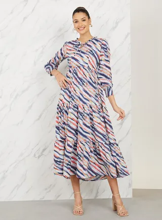 Abstract Print Tie Up Neck Tiered Midi Dress 