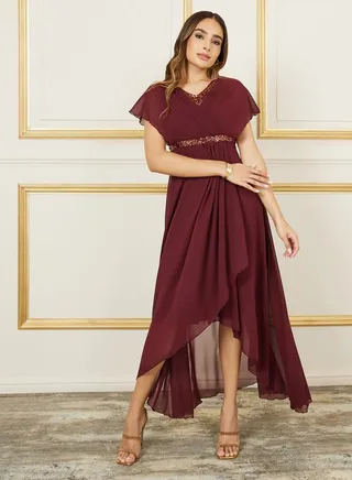 Sequin Pleated Detail Asymmetric Hem Maxi Dress 