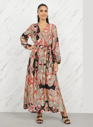 Bohemian Print A-Line Wrap Maxi Dress