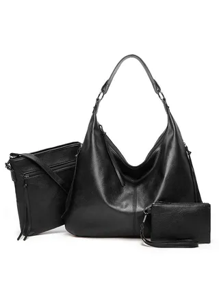 3-Piece Retro Soft PU Leather Large Capacity Ladies Handbag for Women One Shoulder Adjustable Strap Cross-body Hobo Totes Zipper Bag with Wallet for Shopping Travel Black 