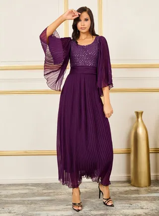 Sequin Detail Pleated A-Line Maxi Dress 