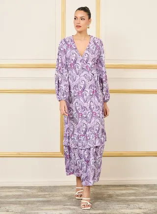 Paisley Print Ruffle Layer Wrap Midi Dress 