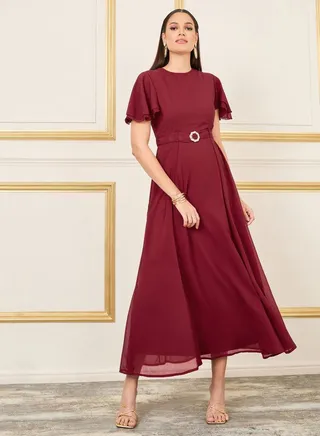 Striped Embellished Buckle Belted A-Line Maxi Dress 