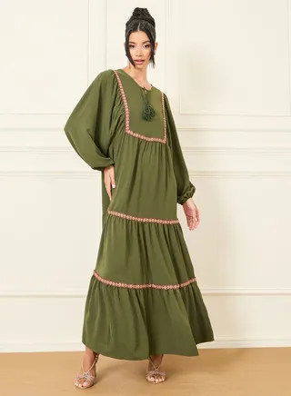 Embroidered Lace Detail Tie Up Neck Tiered Maxi Dress 