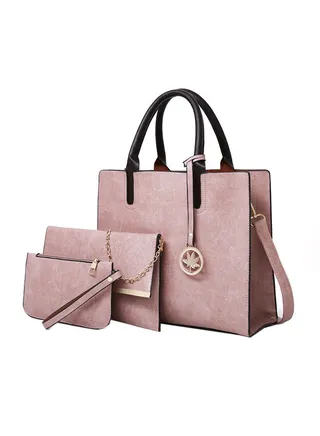 3-Piece Chic Vintage Handbag Pink/Black/Gold 