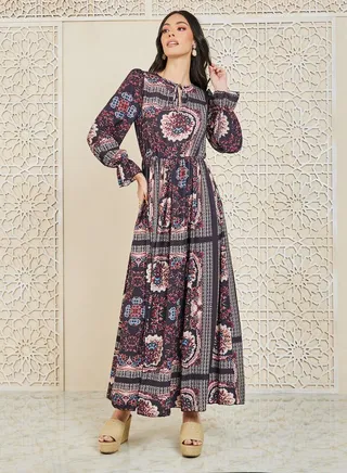 Floral Print Gathered Detail A-Line Maxi Dress 