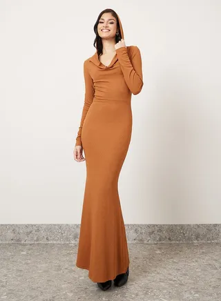 Cowl Neck Rib Bodycon Maxi Dress with Hood 