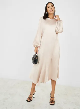 Solid Satin Asymmetric Hem A-Line Midi Dress 
