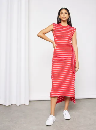 Casual Sleeveless Long Evening Maxi Stripped Knit Dress With Side Slit Red/White 