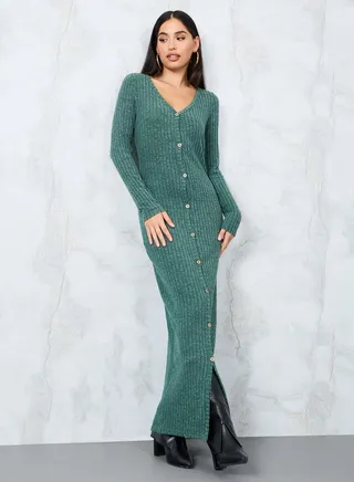 Ribbed Knit Bodycon Maxi Dress with Buttons 