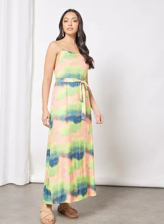 Women's Strap Off Shoulder Long Evening Maxi Dress With Belt Tie dye Pattern Green/Pink/Blue 