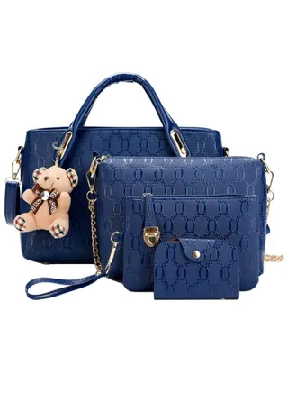 4 Pcs Top Handle Satchel Handbag Set Large Tote +Purse +Shoulder Bag+Card Holder Blue 