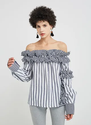 Stripe Detailed Bardot Top Navy 