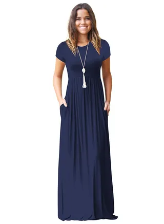 Round Neck Gathered Dress Navy Blue 