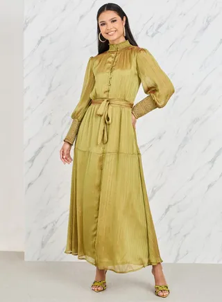 Lurex Striped High Neck Smocked Detail Tiered Maxi Dress 