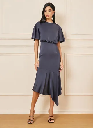 Satin High Neck Ruffle Asymmetric Hem Shift Dress 