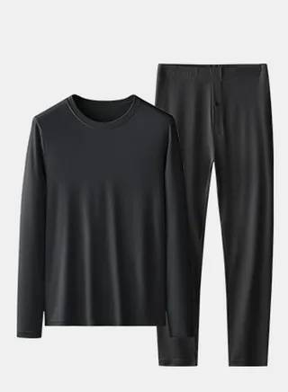 Mens Solid Color Thin Seamless Long Johns And Crew-Neck Thermal Underwear Set 2 Piece Base Layer Set for Men Black 
