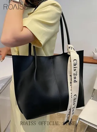 Women's Large-Capacity Bag All-Match Commuter Shoulder Bag Student Tote Bag Retro Texture with Fashion Ribbon 