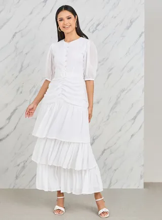 Ruched Detail Buckle Belted Layer Tiered Maxi Dress 