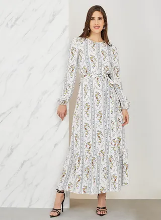 Floral Print Self Tie Up A-Line Maxi Dress 