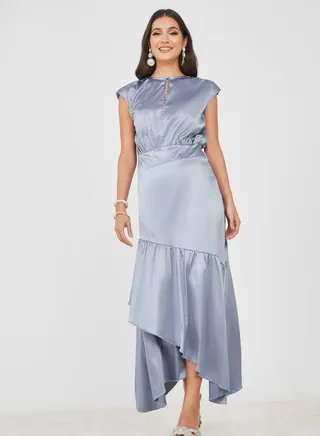 Asymmetric Ruffle Hem Satin Maxi Dress