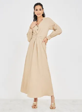 Textured Wrap Tie Belt A-Line Maxi Dress 