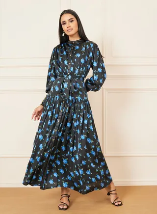 Floral Print High Neck Gathered Detail Maxi Dress 