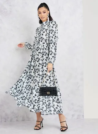 Floral Print Long Sleeves A-Line Maxi Dress 