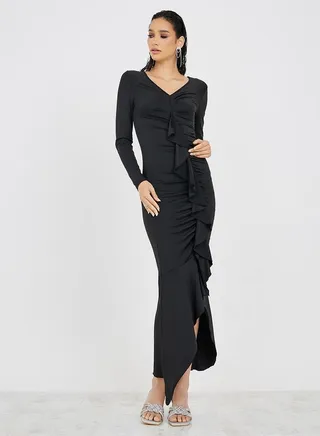 Frill Detail Gathered Front Bodycon Maxi Dress