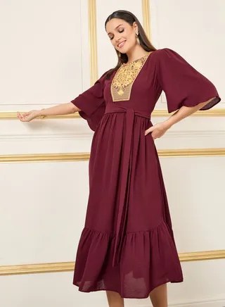 Embroidered 3/4 Sleeve Tiered Midi Dress with Tie Belt 