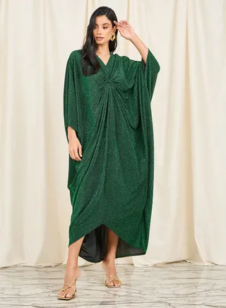 Shimmer O Ringer Ruched Detail Maxi Kaftan 