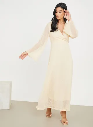 Sheer Flute Sleeve Dobby Spot Wrap Front Maxi Dress