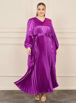 Plus Satin Pleated Maxi Dress with Self Tie Up 