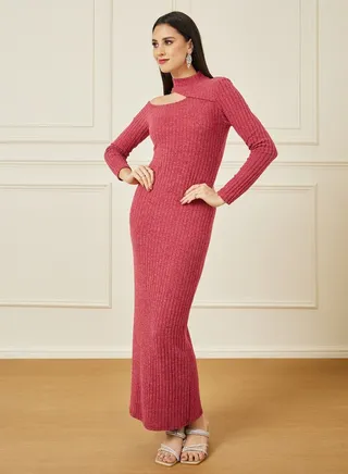 Asymmetric Neck Knit Bodycon Maxi Dress 