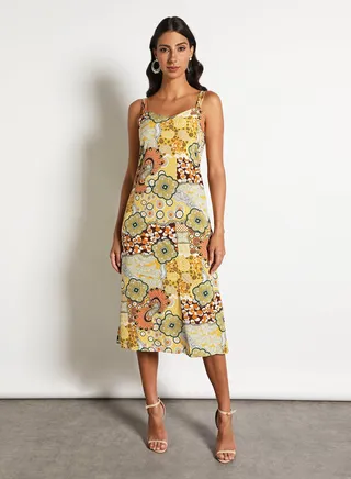 Women'S Casual Midi Sleeveless Allover Printed Long Evening Maxi Dress Multicolour 