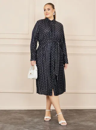 Plus Satin Polka Dot Print Self Tie Up Shirt Midi Dress 