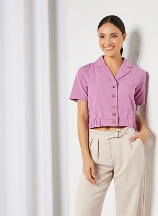 Lapel Collar Cropped Shirt Purple 