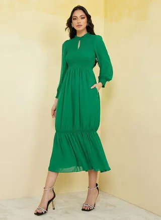 Shirred High Neck Straight Midi Dress 