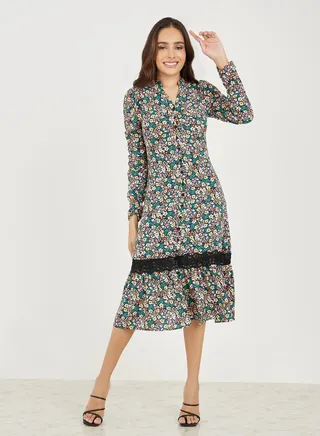 Lace Insert Floral Print A-Line Midi Dress 
