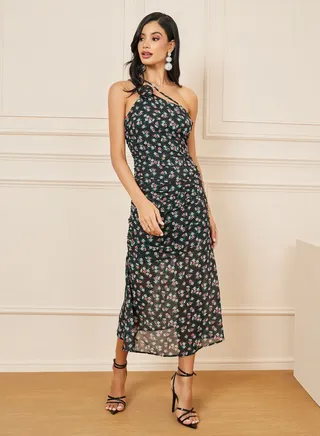 Ditsy Print One Shoulder Sheath Maxi Dress 