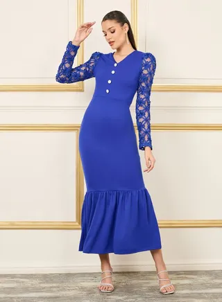 Lace Sleeves Button Detail Mermaid Midi Dress 