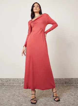 Asymmetric Neck Ruched A-Line Maxi Dress
