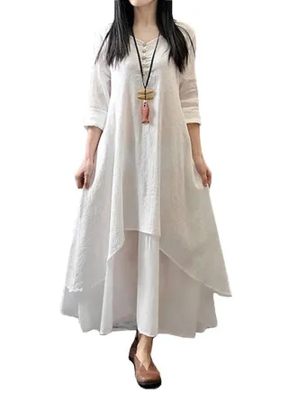 New Fashion Solid Long Sleeves Boho Long Maxi Dress G8214W White 