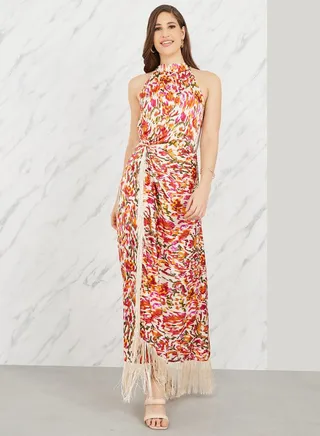 Ikat Print Halter Neck Wrap Style Maxi Dress with Tassel Detail 
